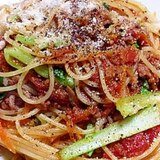 家庭菜園で　青梗菜のトマトソーススパゲティー